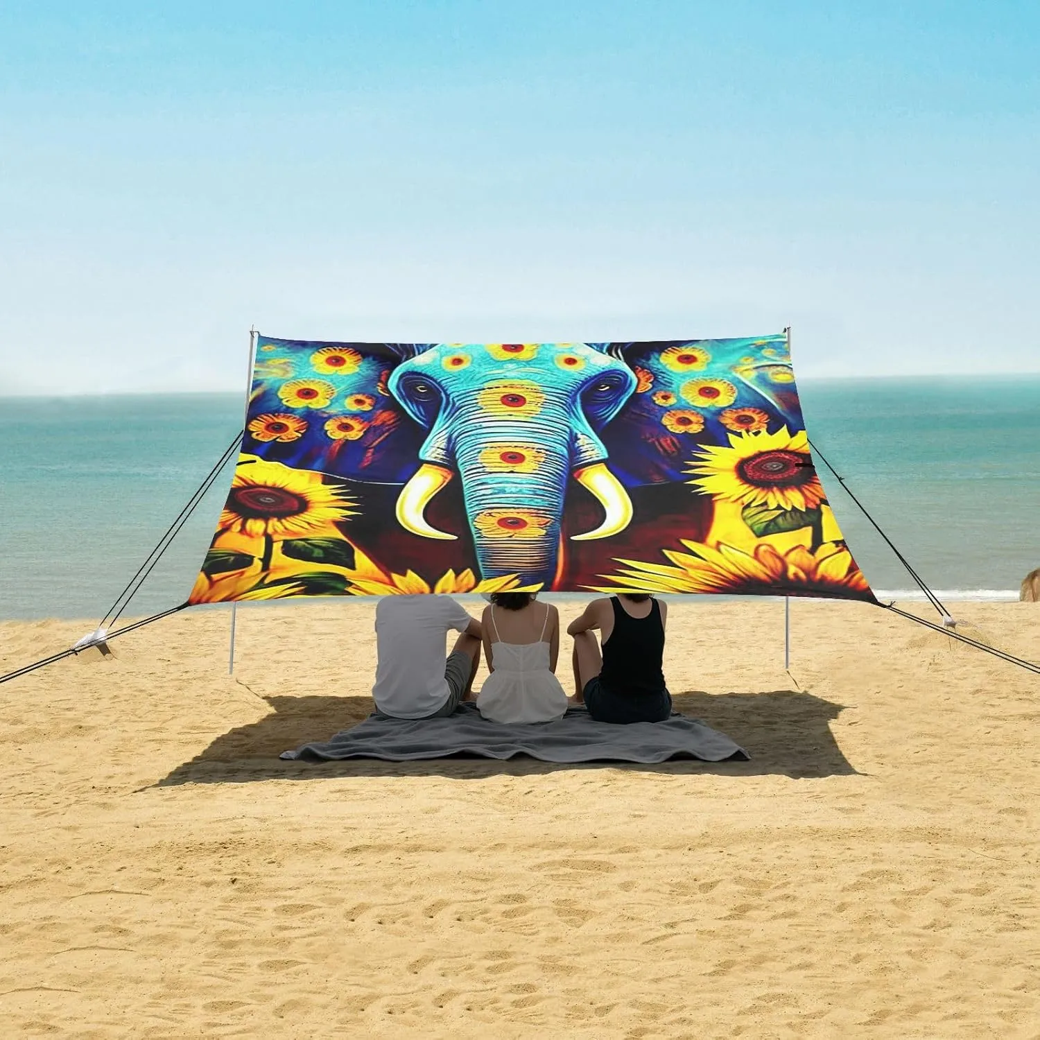Blue Elephant Sunflowers Canopy Beach Tent 9.2 × 10.5 FT Sun Shade Outdoor Patio Pool Wind Sail Shade Camping Sun Shelter with Poles Sand Anchor