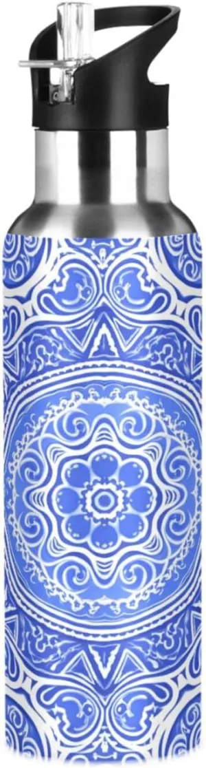 Blue Flower Sports Water Bottle with Straw, 22oz BPA Free Stainless Steel Vacuum Insulated Bottle for Gym Fitness Outdoor