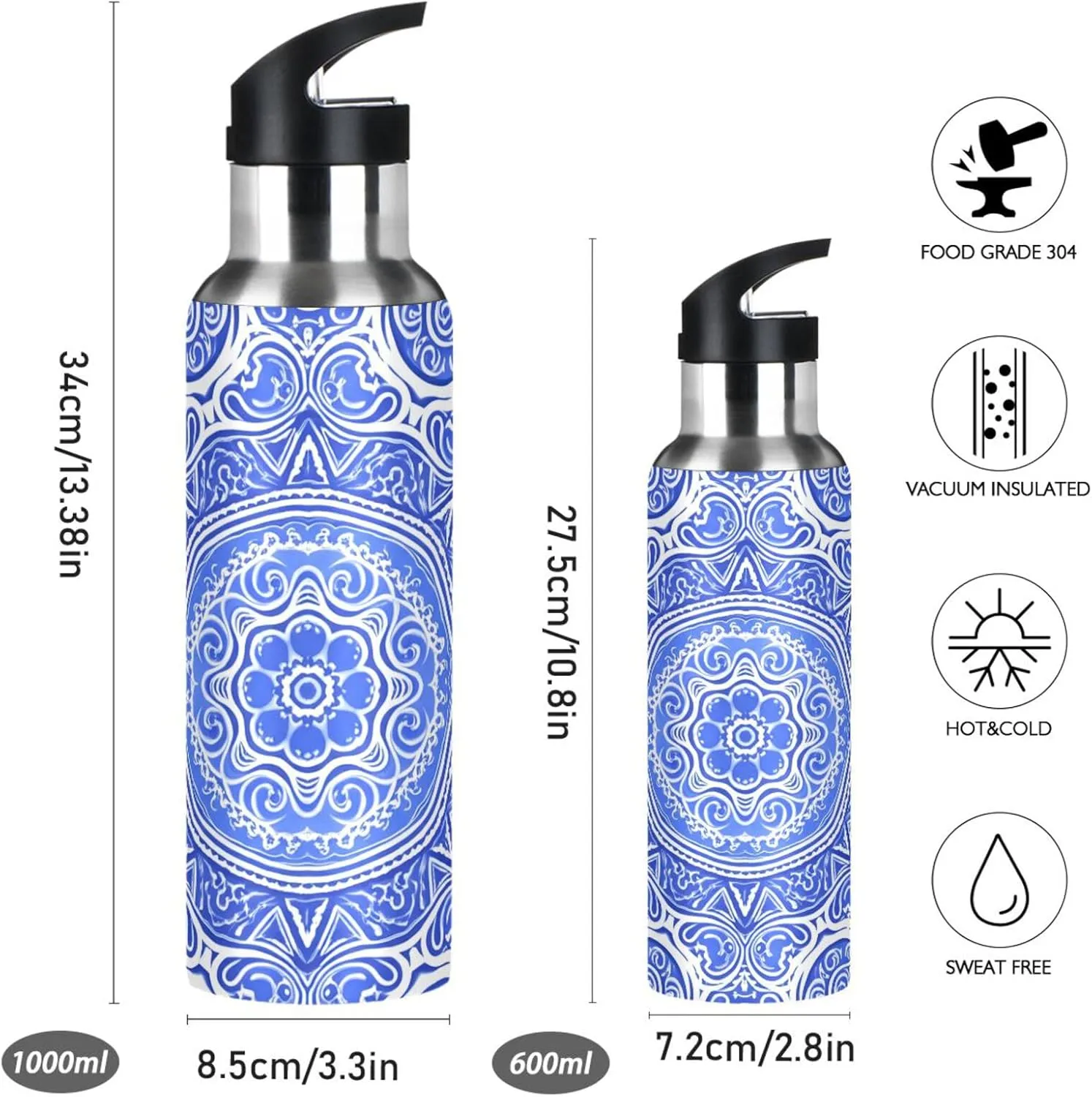 Blue Flower Sports Water Bottle with Straw, 22oz BPA Free Stainless Steel Vacuum Insulated Bottle for Gym Fitness Outdoor