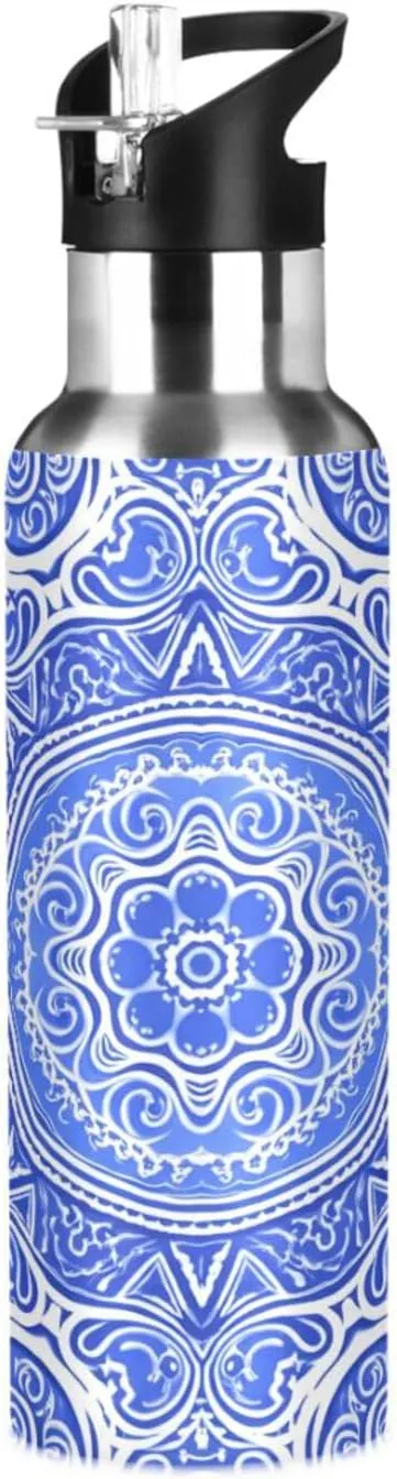 Blue Flower Sports Water Bottle with Straw, 22oz BPA Free Stainless Steel Vacuum Insulated Bottle for Gym Fitness Outdoor