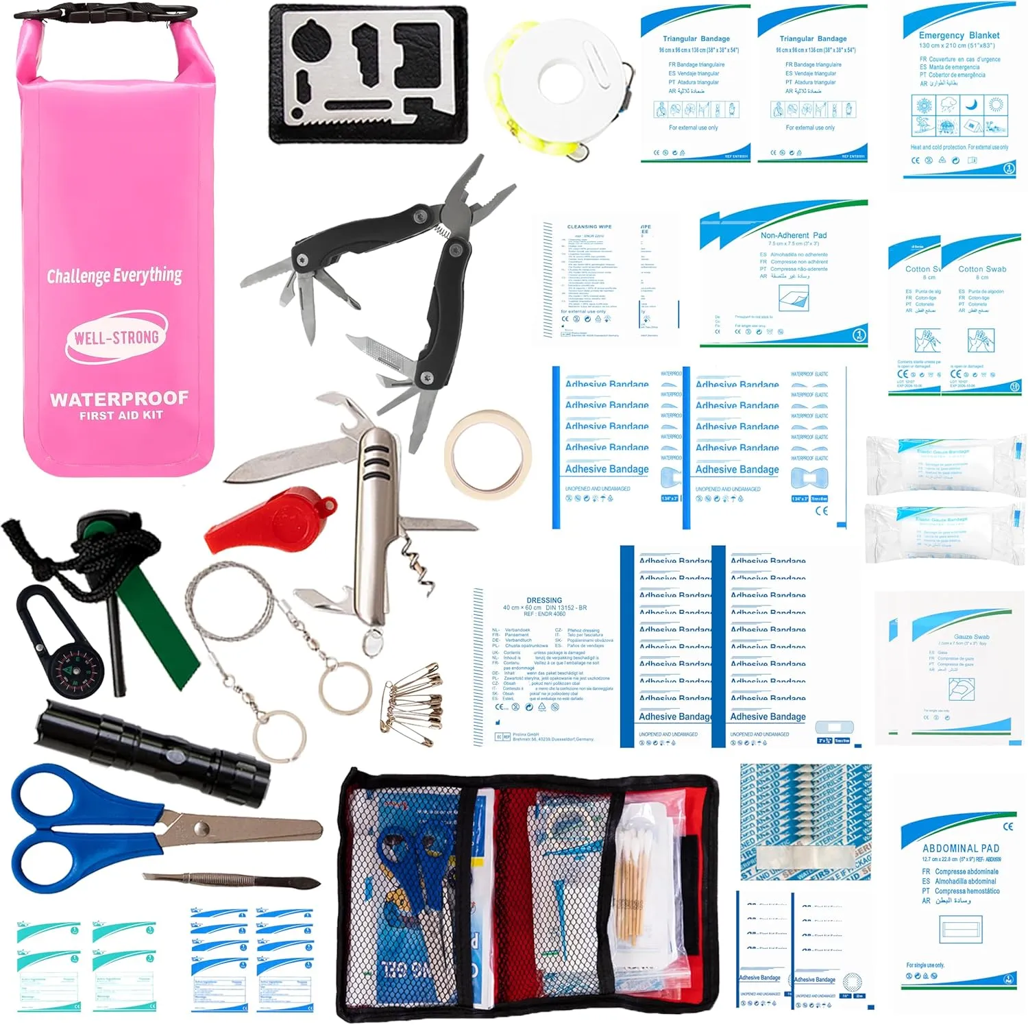 Boat First Aid Kit with Survival Tools, 123pcs Waterproof Emergency Marine Kit with Buckles, Compact Boat Safety Accessories for Fishing Kayaking Boating Camping Rafting Beach Pink