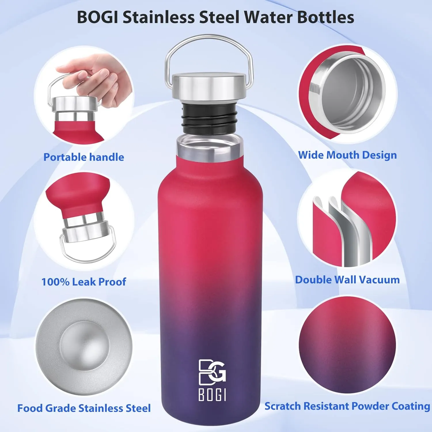 BOGI 20oz Insulated Water Bottle, 2 Pack Wide Mouth Stainless Steel Water Bottles Leakproof Metal Water Bottle with Straw and Handle BPA Free Steel Water Bottle for School Fitness Outdoor Sports
