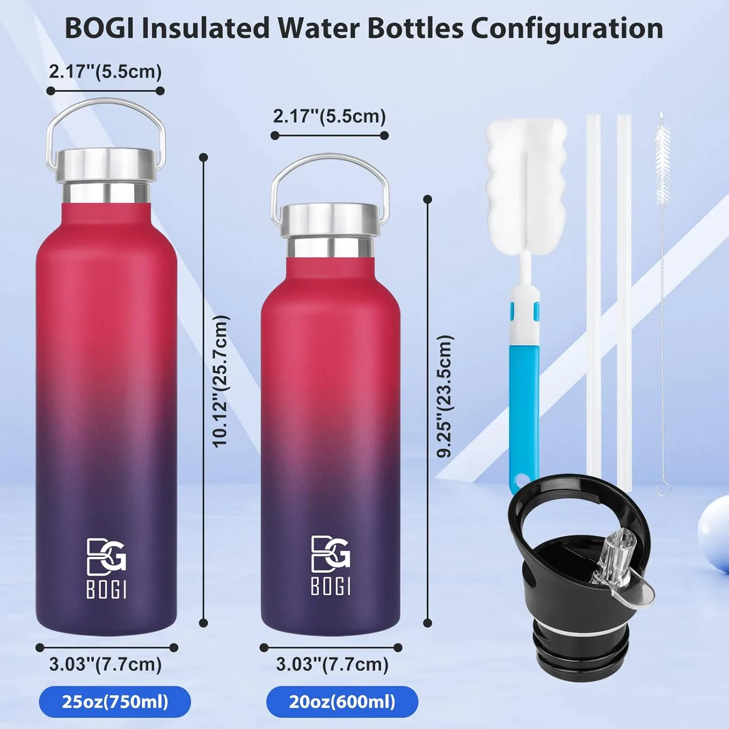 BOGI 20oz Insulated Water Bottle, 2 Pack Wide Mouth Stainless Steel Water Bottles Leakproof Metal Water Bottle with Straw and Handle BPA Free Steel Water Bottle for School Fitness Outdoor Sports