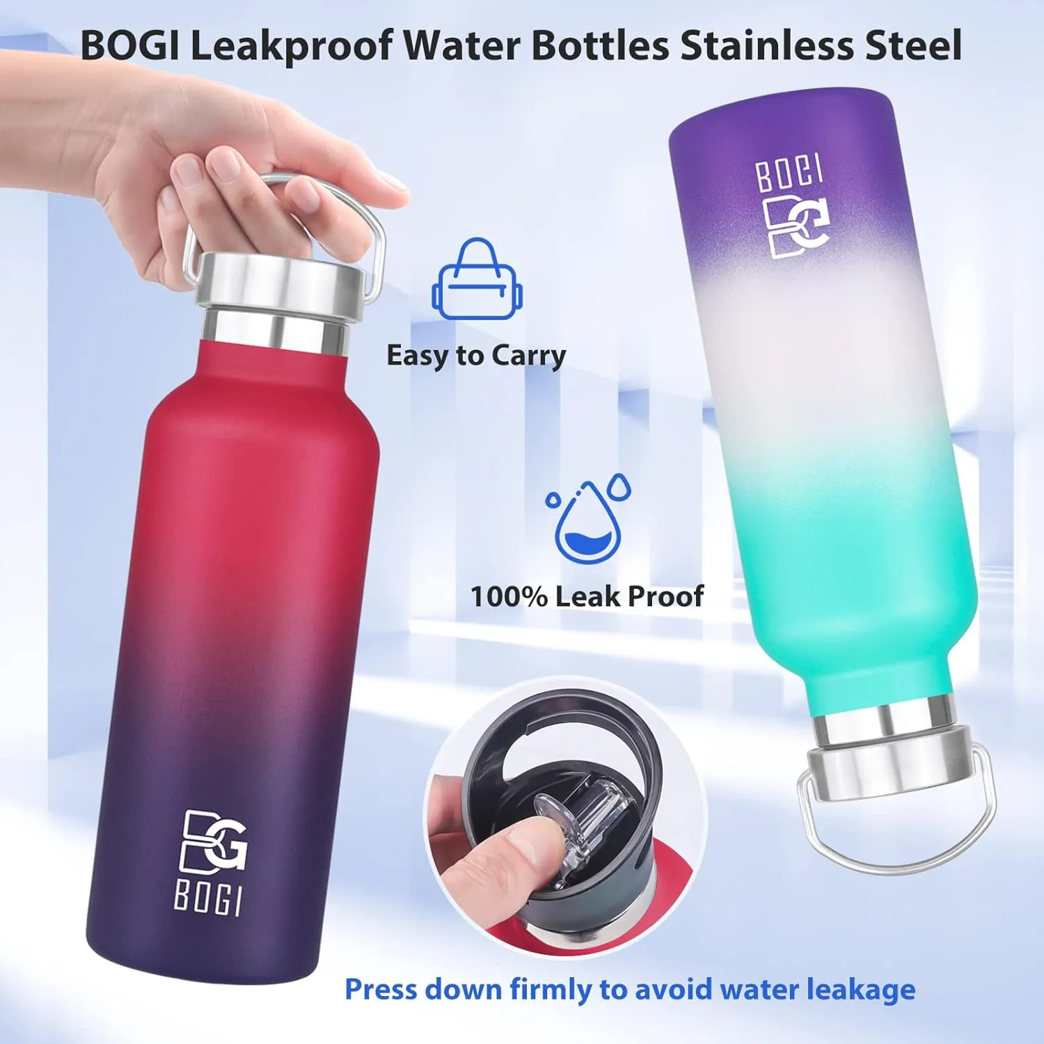 BOGI 20oz Insulated Water Bottle, 2 Pack Wide Mouth Stainless Steel Water Bottles Leakproof Metal Water Bottle with Straw and Handle BPA Free Steel Water Bottle for School Fitness Outdoor Sports