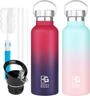 BOGI 20oz Insulated Water Bottle, 2 Pack Wide Mouth Stainless Steel Water Bottles Leakproof Metal Water Bottle with Straw and Handle BPA Free Steel Water Bottle for School Fitness Outdoor Sports