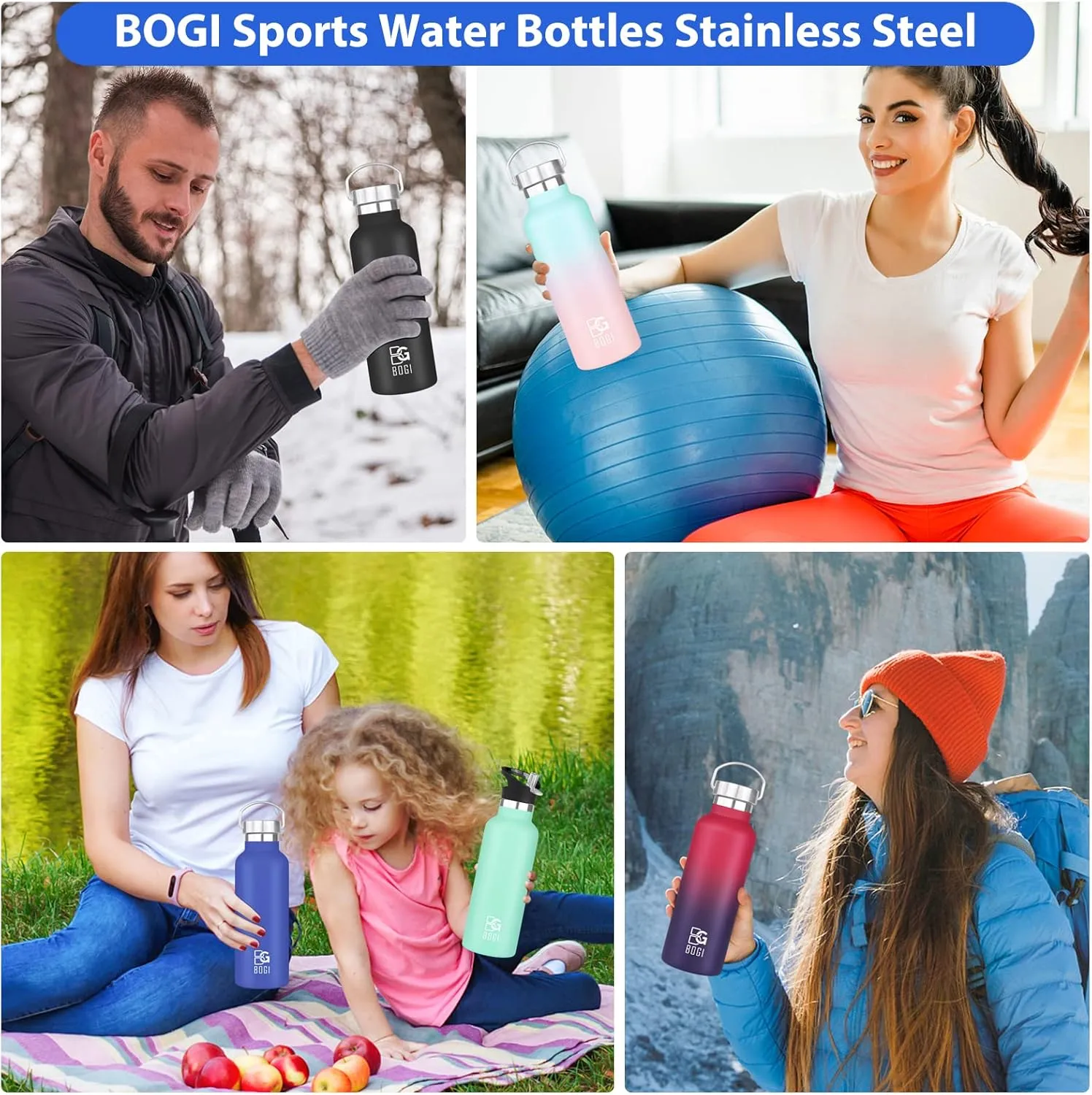 BOGI Insulated Water Bottle 24oz, 2 Pack Wide Mouth Stainless Steel Water Bottles Leakproof Metal Water Bottle with Straw and Handle BPA Free Steel Water Bottle for School Fitness Outdoor Sports