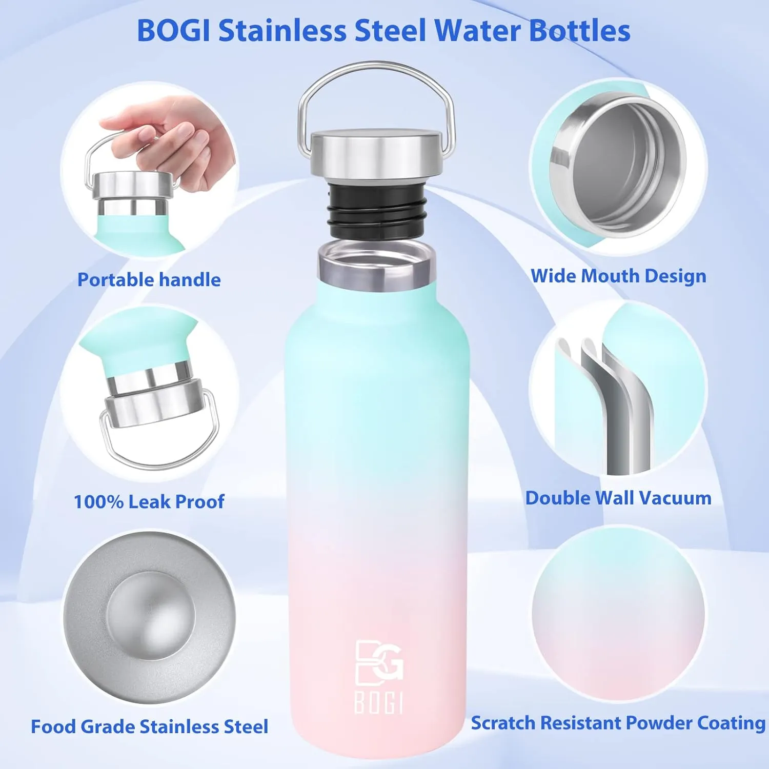 BOGI Insulated Water Bottle 24oz, Wide Mouth Stainless Steel Water Bottles Leakproof Metal Water Bottle with Straw and Handle BPA Free Steel Water Bottle for School Fitness Outdoor Sports-Blue Pink