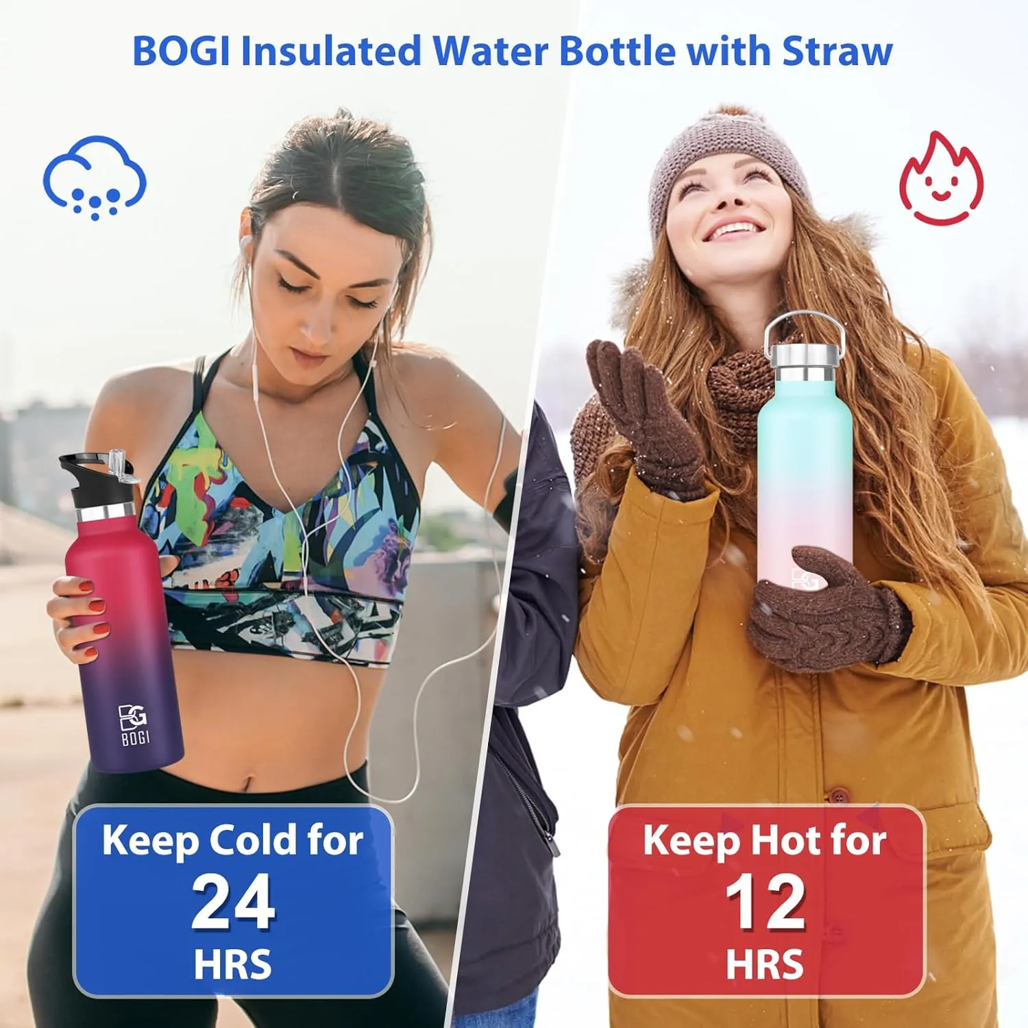 BOGI Insulated Water Bottle 24oz, Wide Mouth Stainless Steel Water Bottles Leakproof Metal Water Bottle with Straw and Handle BPA Free Steel Water Bottle for School Fitness Outdoor Sports-Blue Pink
