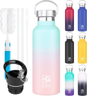 BOGI Insulated Water Bottle 24oz, Wide Mouth Stainless Steel Water Bottles Leakproof Metal Water Bottle with Straw and Handle BPA Free Steel Water Bottle for School Fitness Outdoor Sports-Blue Pink