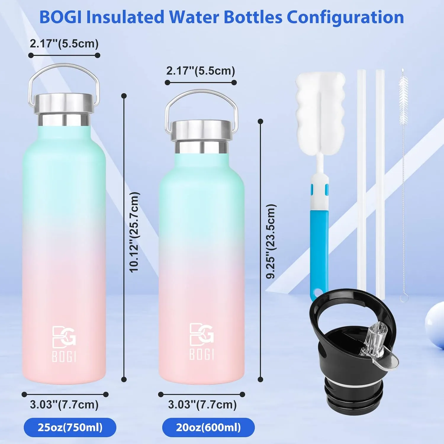 BOGI Insulated Water Bottle 24oz, Wide Mouth Stainless Steel Water Bottles Leakproof Metal Water Bottle with Straw and Handle BPA Free Steel Water Bottle for School Fitness Outdoor Sports-Blue Pink