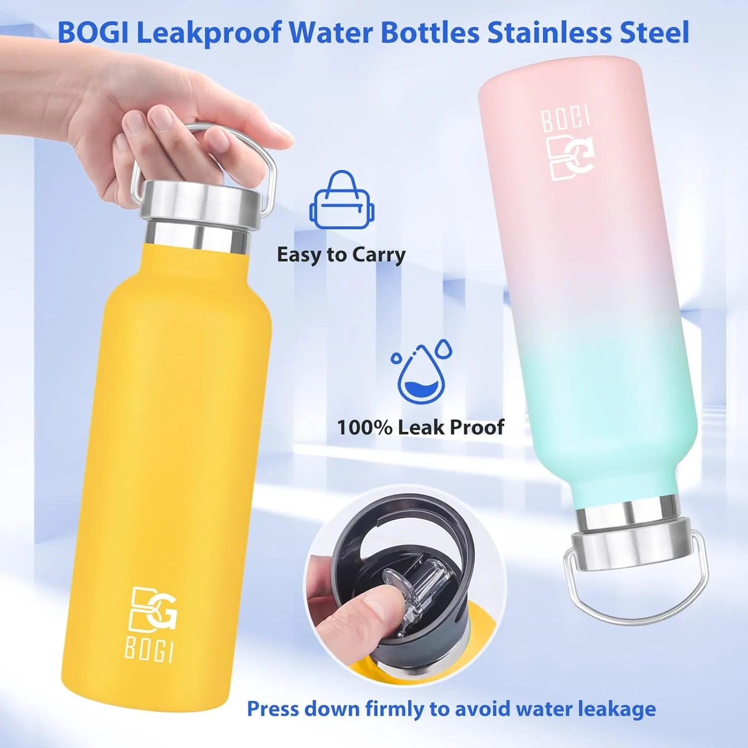 BOGI Insulated Water Bottle 24oz, Wide Mouth Stainless Steel Water Bottles Leakproof Metal Water Bottle with Straw and Handle BPA Free Steel Water Bottle for School Fitness Outdoor Sports-Blue Pink