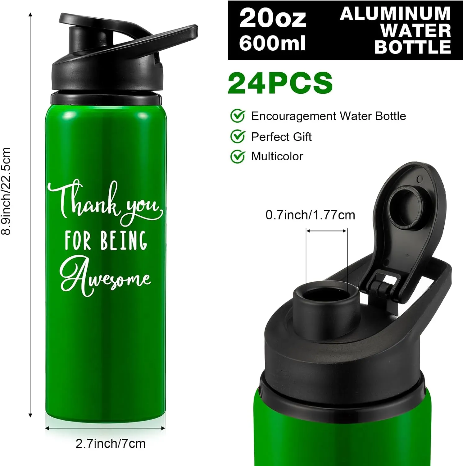 Bokon 24 Pack Thank You Appreciation Gifts Lightweight Aluminum Water Bottle Bulk Reusable Leakproof Water Bottle with Twist Cap Buckle for Gym Sports Camping Hiking(20 oz)
