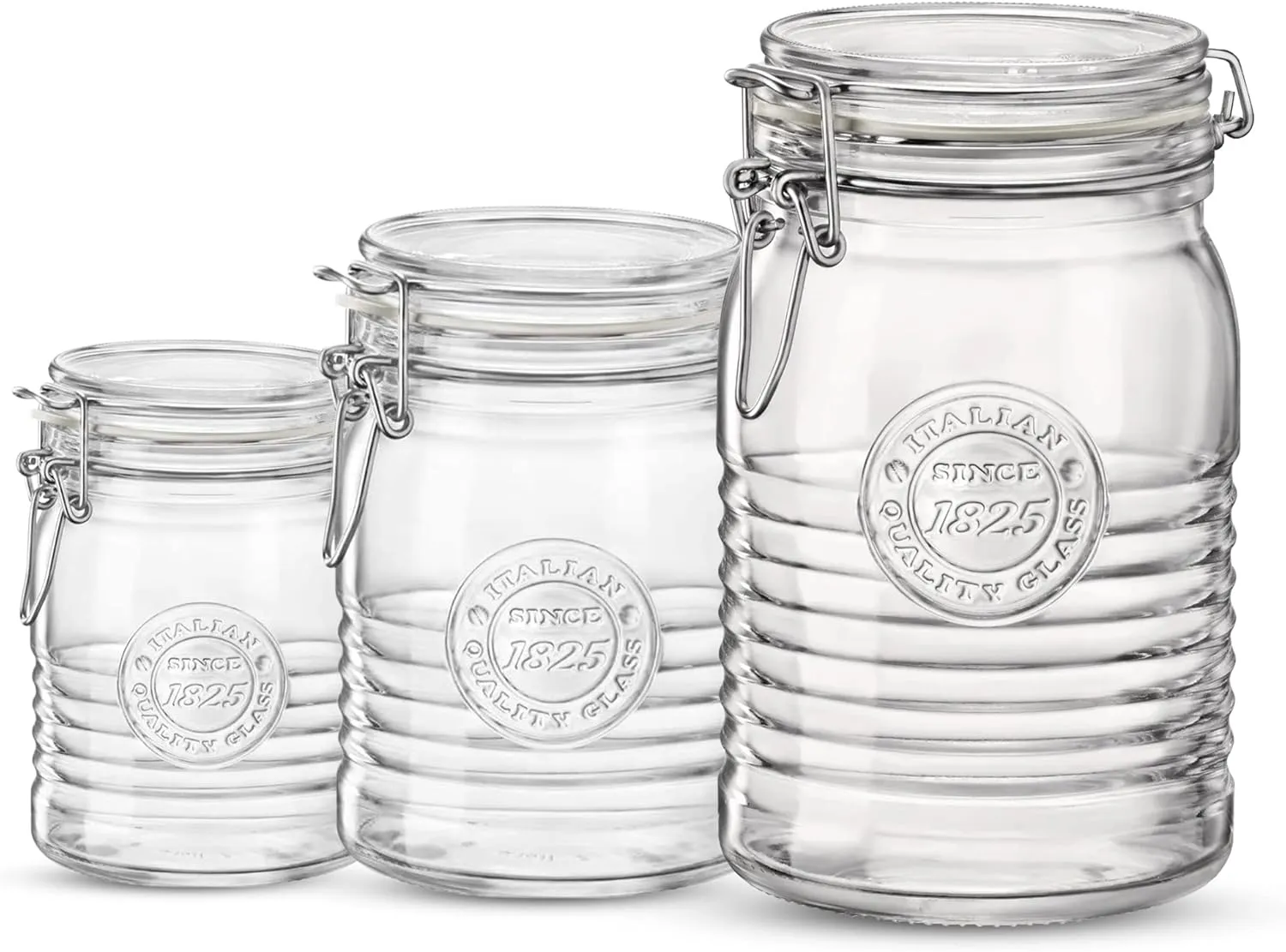 Bormioli Rocco Officina 1825 Variety Pack, Set Of 3 Glass Jars (33.75 Oz. 25.25 Oz. 17 Oz.), Wide Opening, With Airtight Hinged Lid, clear, Made In Italy.