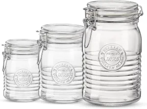 Bormioli Rocco Officina 1825 Variety Pack, Set Of 3 Glass Jars (33.75 Oz. 25.25 Oz. 17 Oz.), Wide Opening, With Airtight Hinged Lid, clear, Made In Italy.