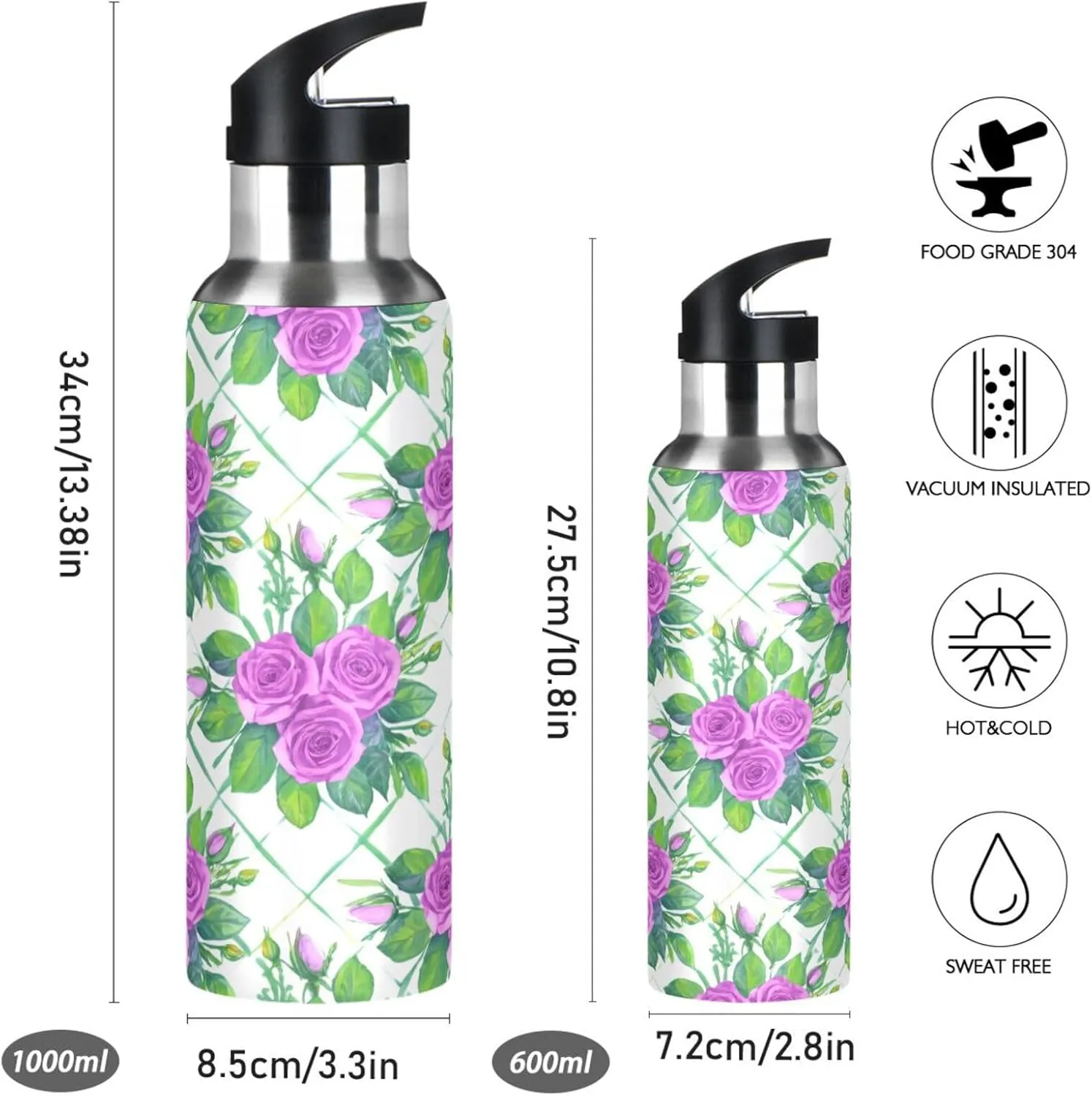 Bouquet Of Flowers Sports Water Bottle with Straw, 22oz BPA Free Stainless Steel Vacuum Insulated Bottle for Gym Fitness Outdoor