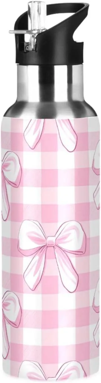 Bow Tie Check Sports Water Bottle with Straw, 22oz BPA Free Stainless Steel Vacuum Insulated Bottle for Gym Fitness Outdoor