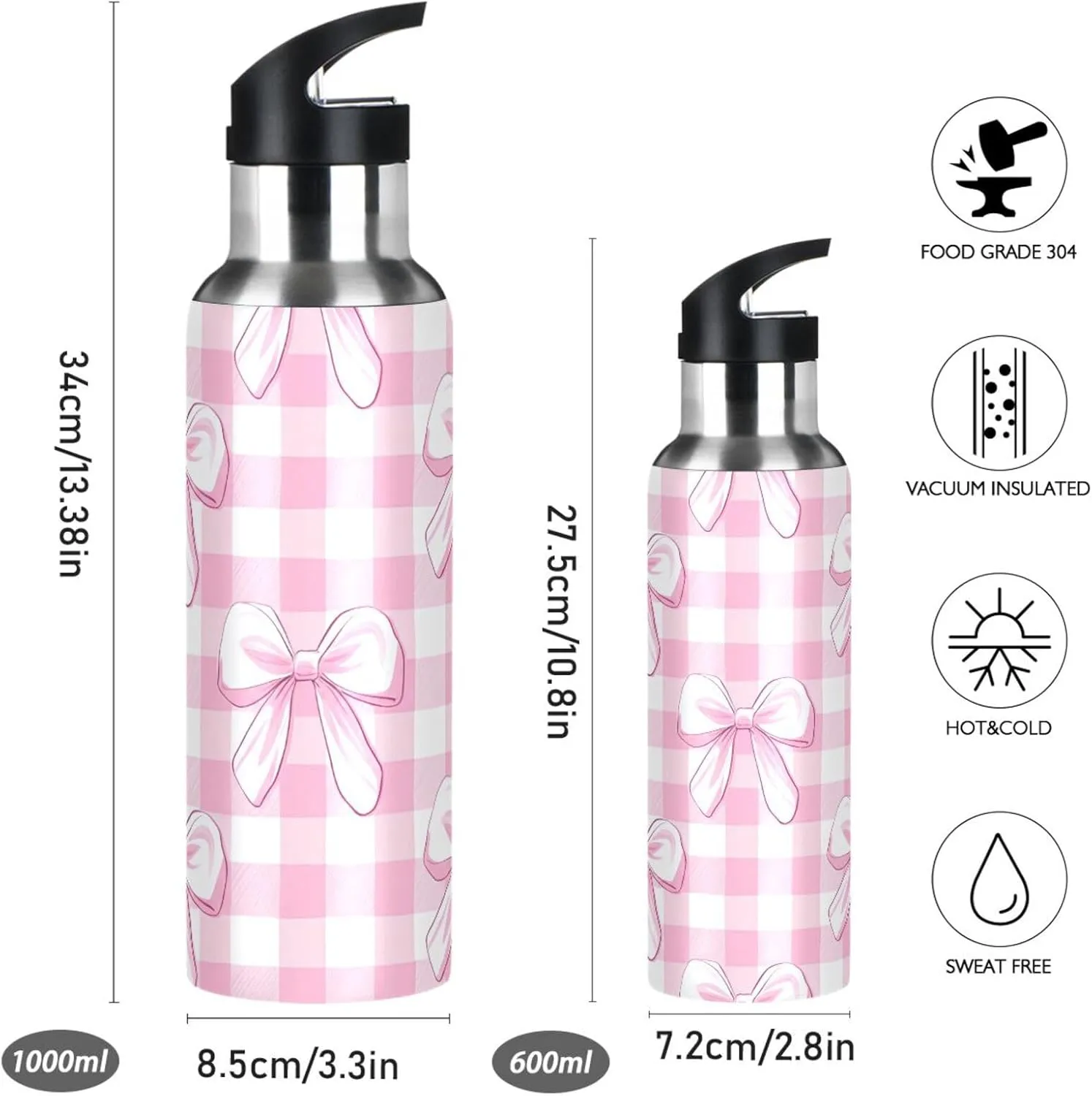 Bow Tie Check Sports Water Bottle with Straw, 22oz BPA Free Stainless Steel Vacuum Insulated Bottle for Gym Fitness Outdoor