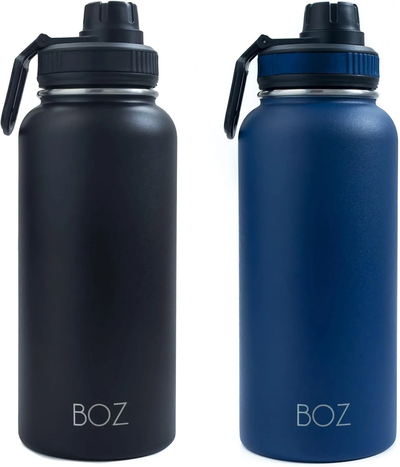 BOZ Stainless Steel Water Bottles 2 Pack Bundle - Blue Water Bottle   Black Water Bottle - Vaccum Insulated Water Bottles 32 Oz - Wide Mouth BPA Free Sport Water Bottles for Gym with Spout Lid