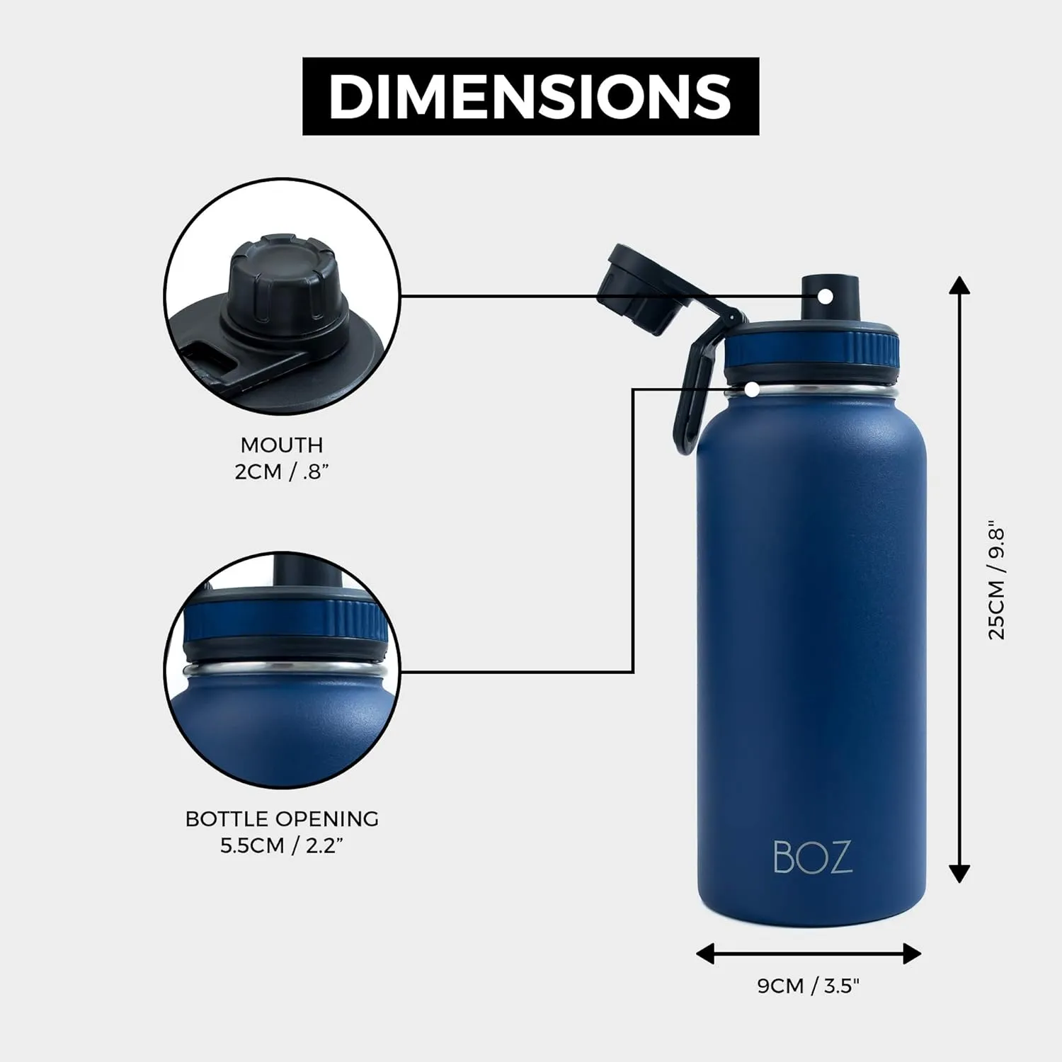 BOZ Stainless Steel Water Bottles 2 Pack Bundle - Blue Water Bottle   Black Water Bottle - Vaccum Insulated Water Bottles 32 Oz - Wide Mouth BPA Free Sport Water Bottles for Gym with Spout Lid