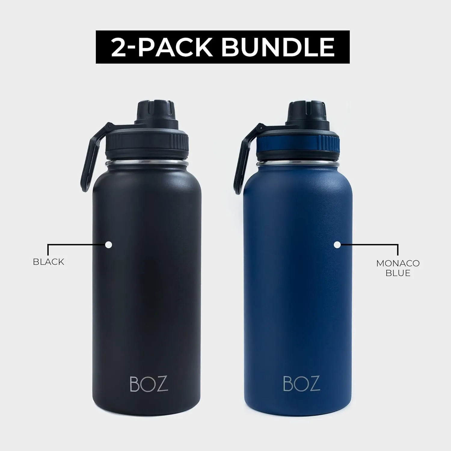 BOZ Stainless Steel Water Bottles 2 Pack Bundle - Blue Water Bottle   Black Water Bottle - Vaccum Insulated Water Bottles 32 Oz - Wide Mouth BPA Free Sport Water Bottles for Gym with Spout Lid