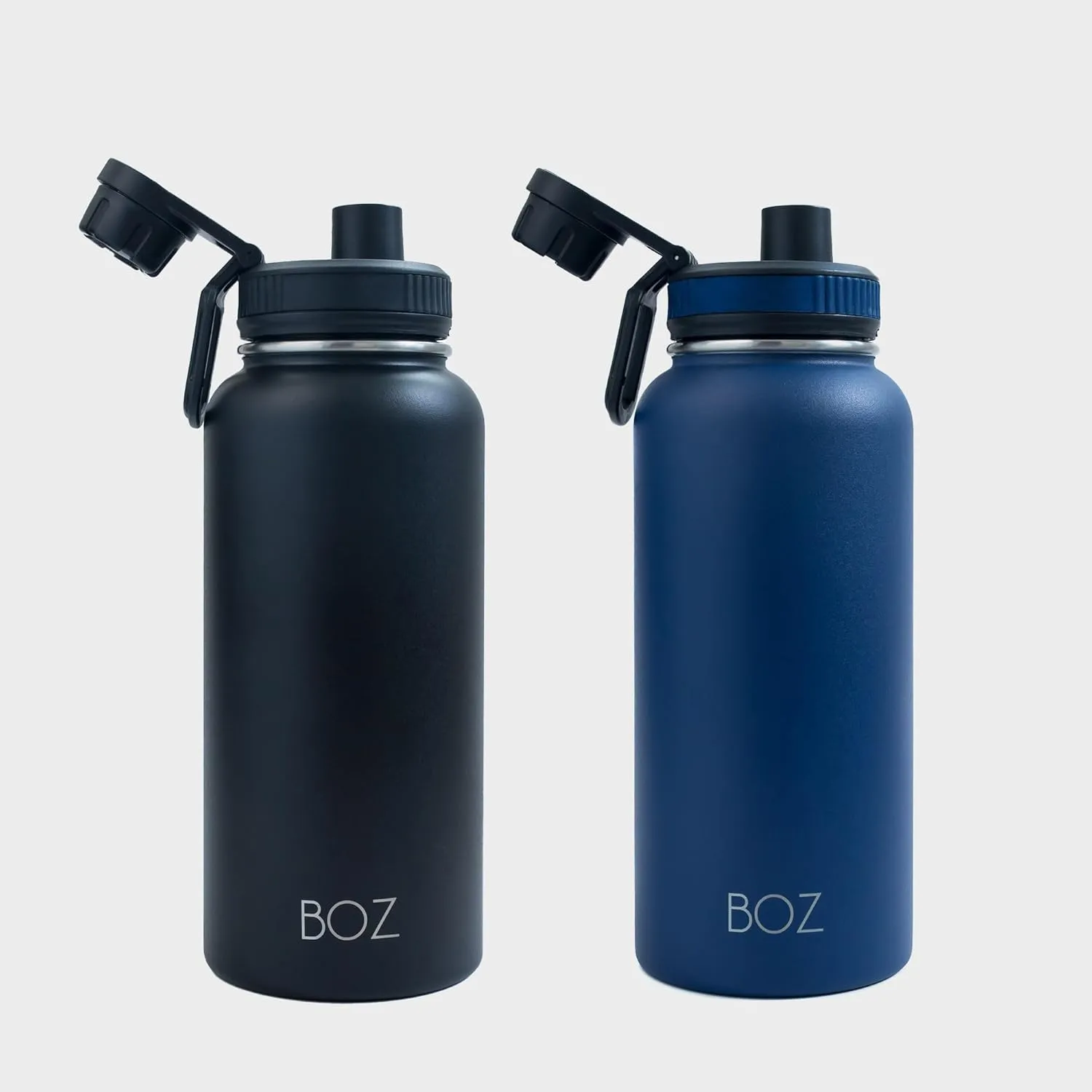 BOZ Stainless Steel Water Bottles 2 Pack Bundle - Blue Water Bottle   Black Water Bottle - Vaccum Insulated Water Bottles 32 Oz - Wide Mouth BPA Free Sport Water Bottles for Gym with Spout Lid