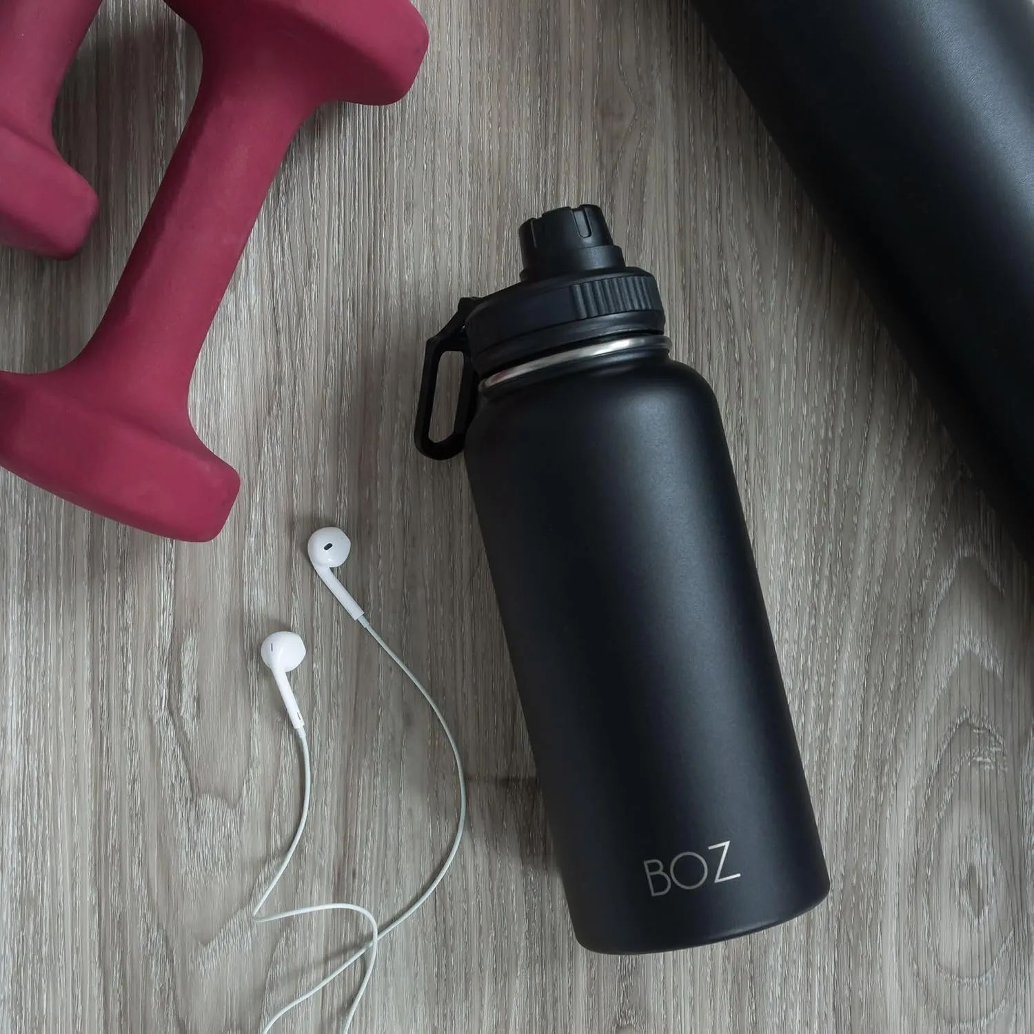 BOZ Stainless Steel Water Bottles 2 Pack Bundle - Blue Water Bottle   Black Water Bottle - Vaccum Insulated Water Bottles 32 Oz - Wide Mouth BPA Free Sport Water Bottles for Gym with Spout Lid