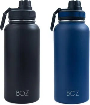 BOZ Stainless Steel Water Bottles 2 Pack Bundle - Blue Water Bottle   Black Water Bottle - Vaccum Insulated Water Bottles 32 Oz - Wide Mouth BPA Free Sport Water Bottles for Gym with Spout Lid