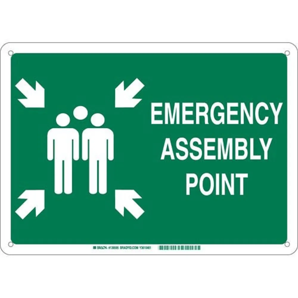 Brady 139601 Aluminum "Emergency Assembly Point" Sign, Text and Symbol, 10" H x 14" W, White on Green