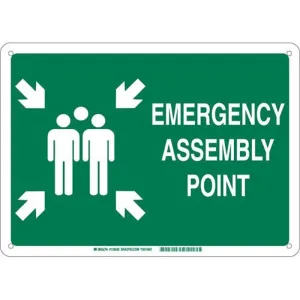Brady 139601 Aluminum "Emergency Assembly Point" Sign, Text and Symbol, 10" H x 14" W, White on Green