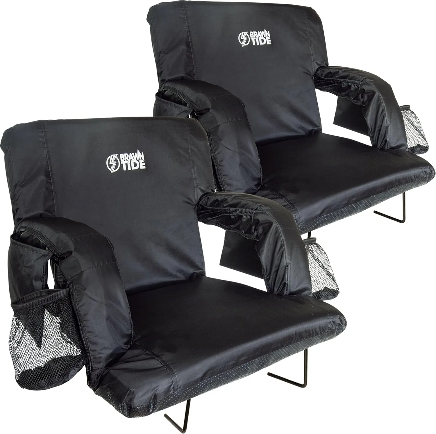 BRAWNTIDE Stadium Seat with Back Support - Comfy Cushion, Thick Padding, 2 Steel Bleacher Hooks, 4 Pockets, 2 Cup Holders, Reclining Back, Ideal Chair for Sport Events, Beaches, Camping, Concerts