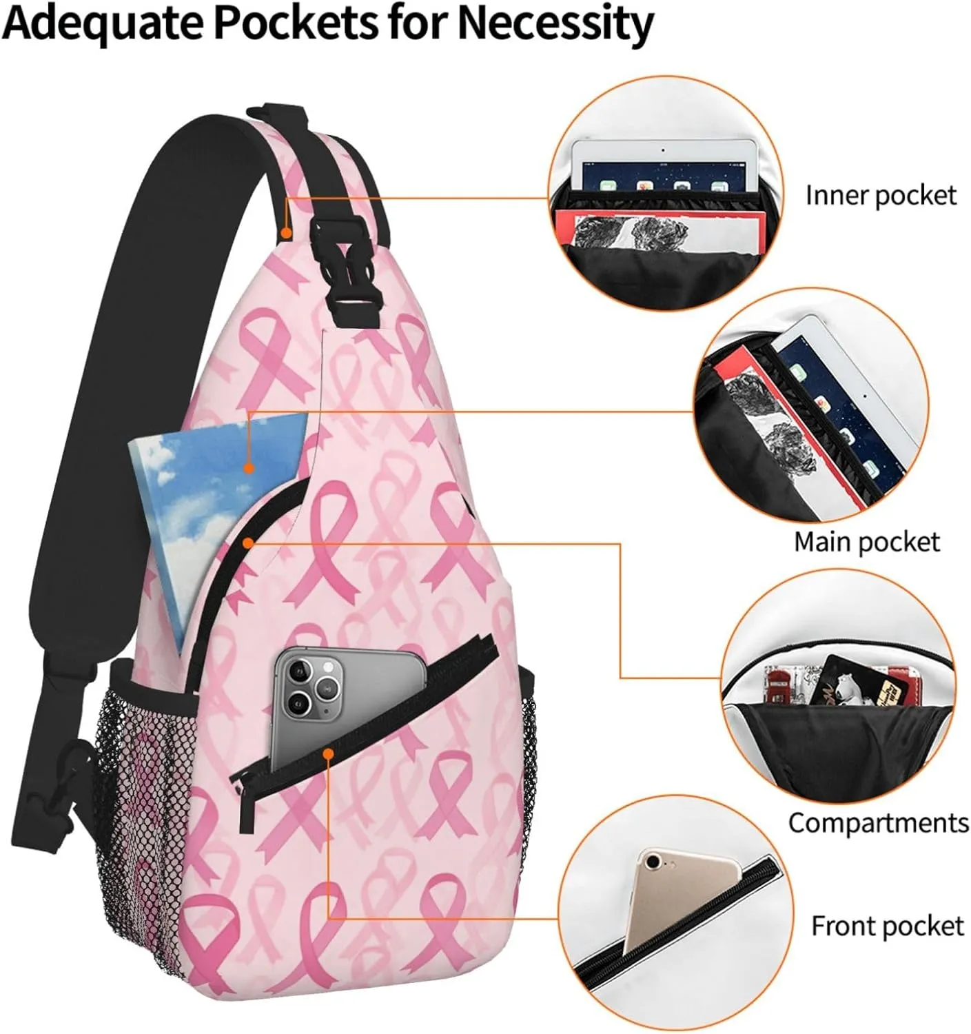 Breast Cancer Sling Bag Crossbody Backpack Shoulder Daypack Multipurpose Cross Body Chest Bag for Men Women Travel Hiking Sports Gym