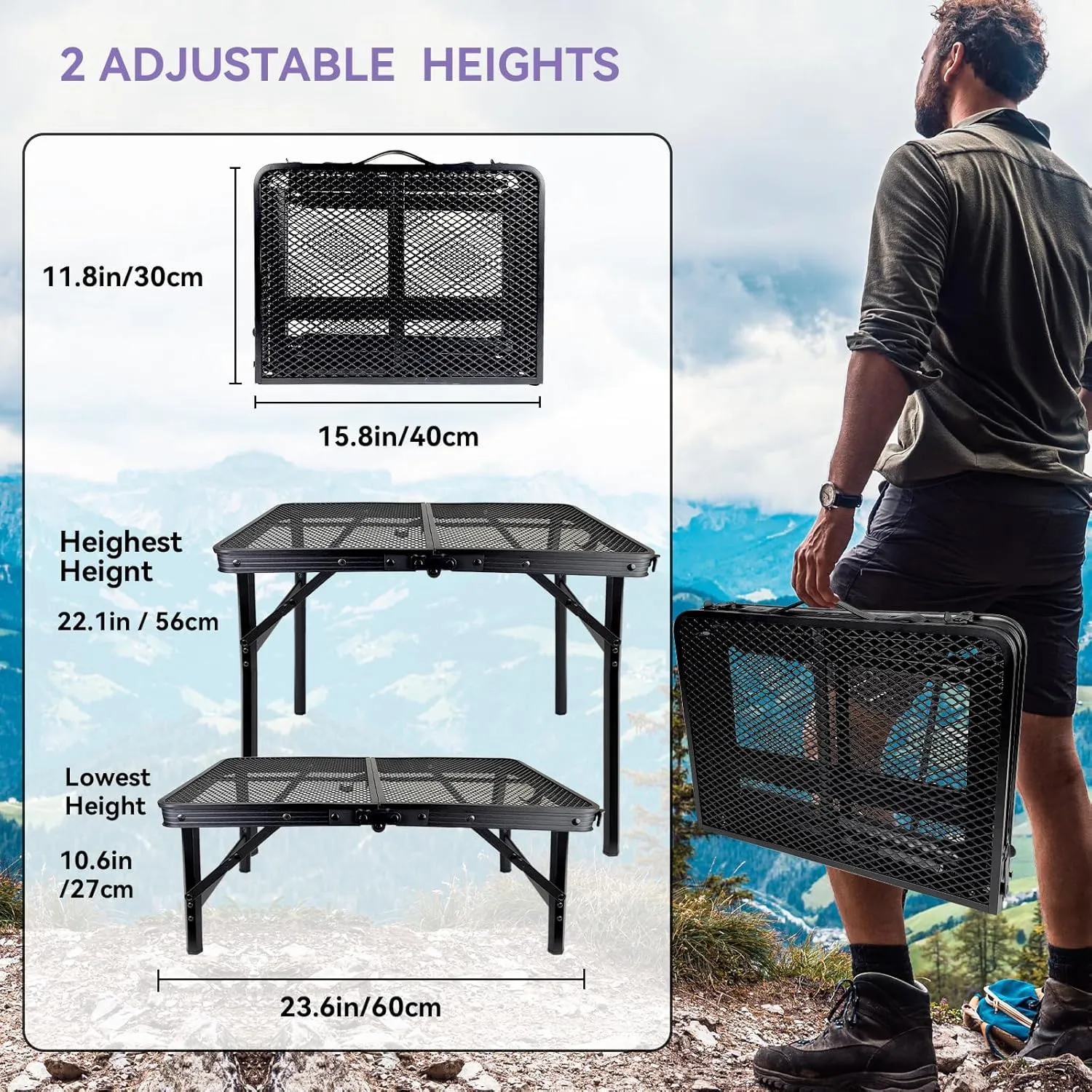 BRIAN & DANY Camping Table Folding Grill Table, Small Foldable Table Height Adjustable, Portable Metal Picnic Table for Outdoor, Black, 2x1.3FT