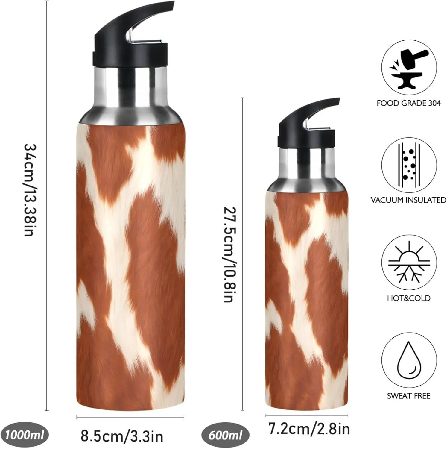 Brown Cow Pattern Sports Water Bottle with Straw, 22oz BPA Free Stainless Steel Vacuum Insulated Bottle for Gym Fitness Outdoor
