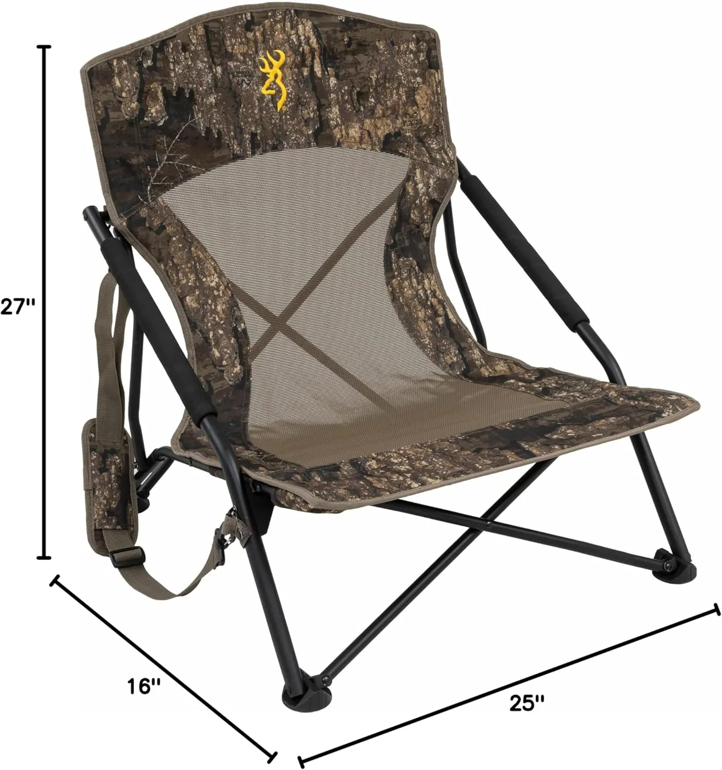 Browning Strutter Camo Turkey Hunting Chair with Foldable Low Profile Compact Design, Durable Steel Frame, and Padded Shoulder Carry Strap and Carry Bag