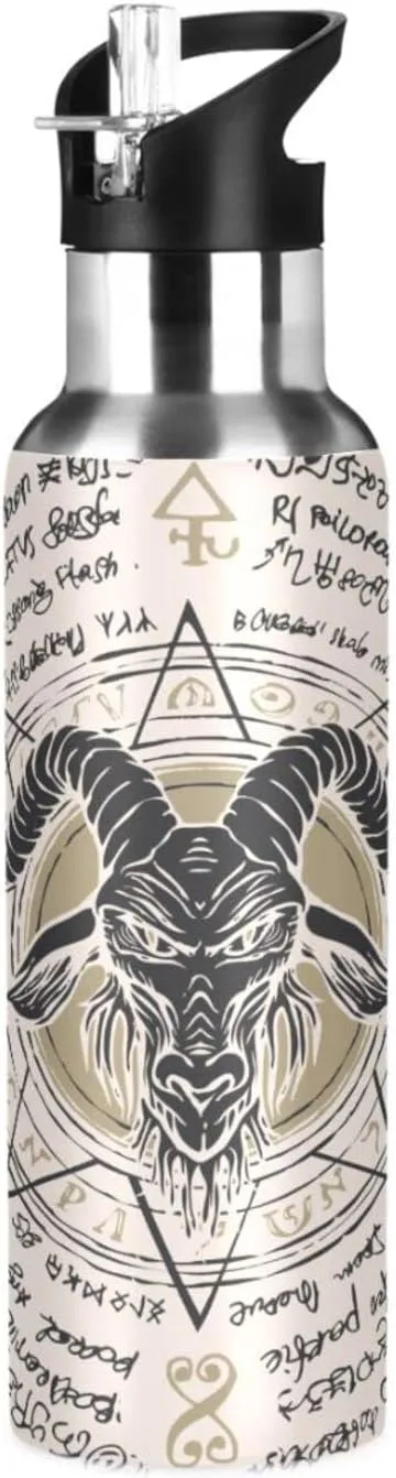 Burbuja Satan Baphomet Stainless Steel Water Bottle, Vacuum Insulated Water Bottles with Straw Lid for Sports, Gym, School - Leak & Sweat Proof, BPA Free, 32 oz