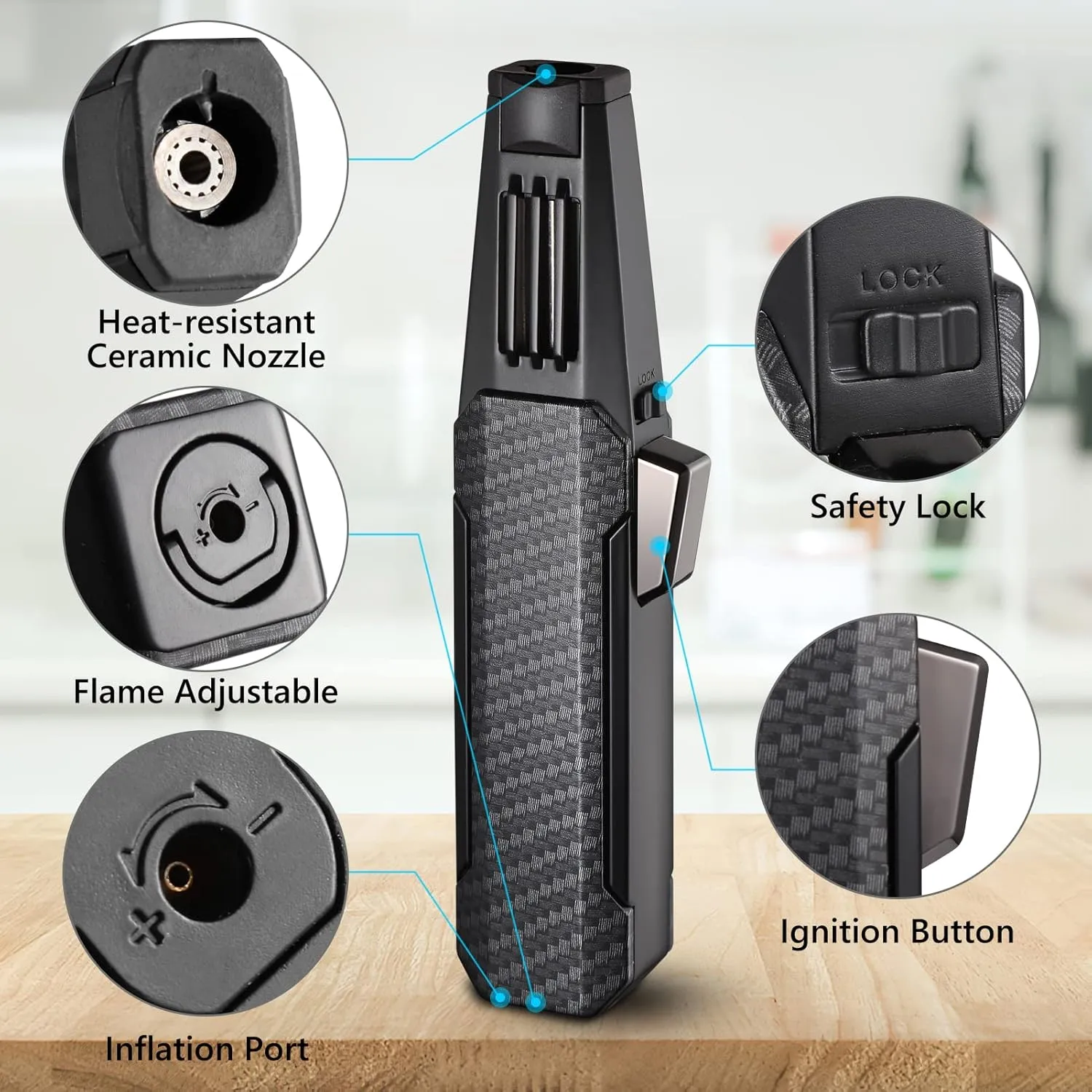 Butane Torch Lighter, Upgrated Refillable Kitchen Cooking Torch Windproof Adjustable Flame Solar Beam Torch Blow Torch with Safety Lock for Baking Creme Brulee HGT-198 (Butane Gas Not Included)
