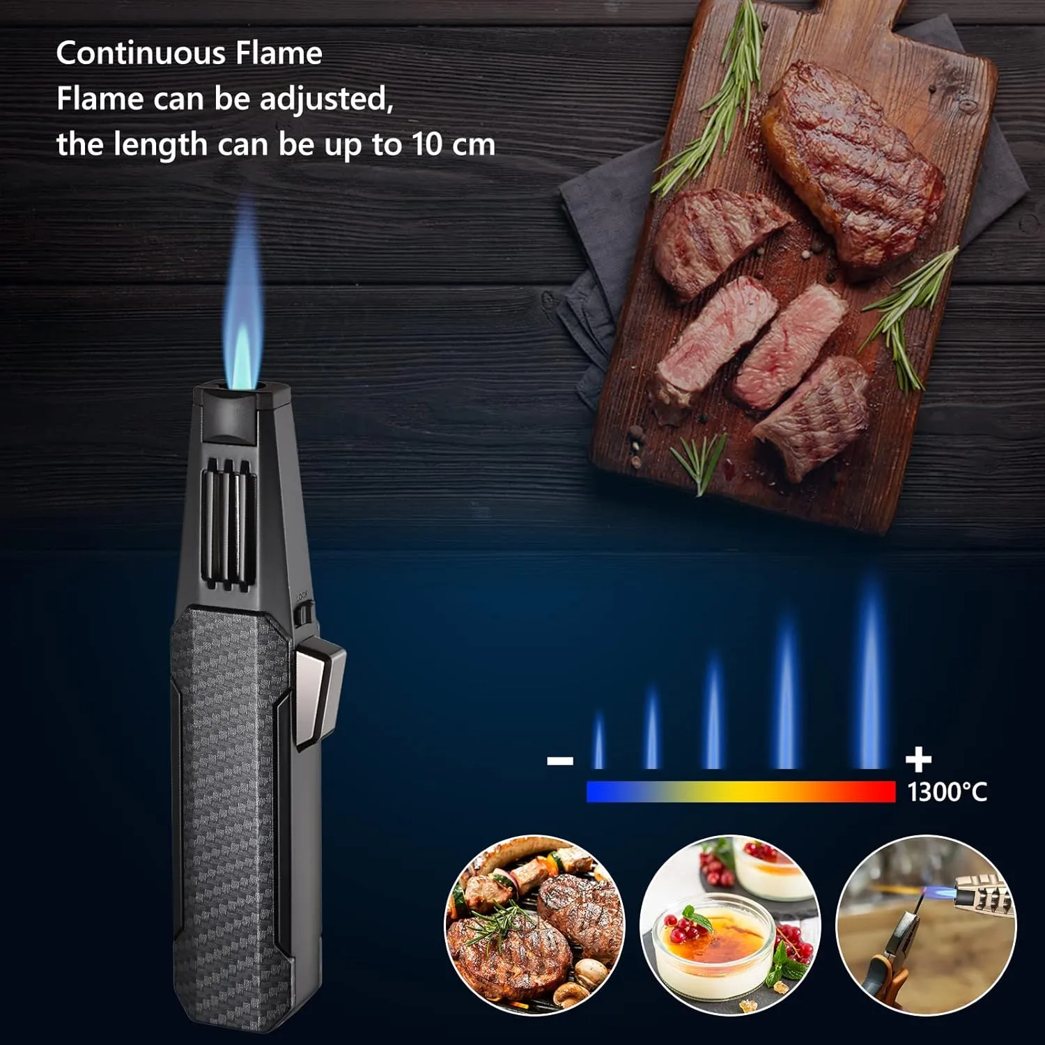 Butane Torch Lighter, Upgrated Refillable Kitchen Cooking Torch Windproof Adjustable Flame Solar Beam Torch Blow Torch with Safety Lock for Baking Creme Brulee HGT-198 (Butane Gas Not Included)