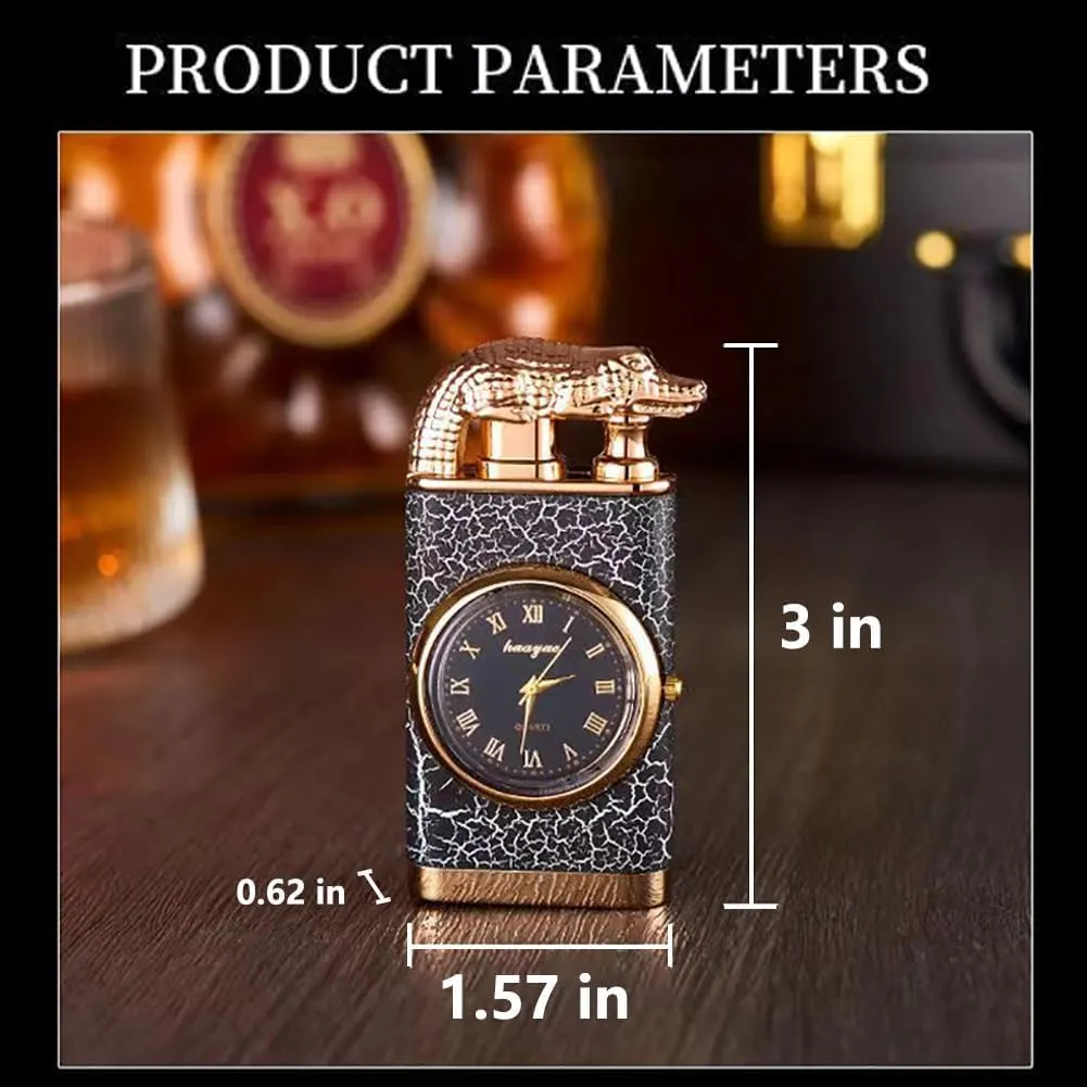 Butane Torch Lighter with Watch - Double Flame Windproof Lighter, Adjustable Refillable Dial Lighter for Outdoor & Indoor, for Men (Butane No Gas Included)(Crocodile Dial, Gold)