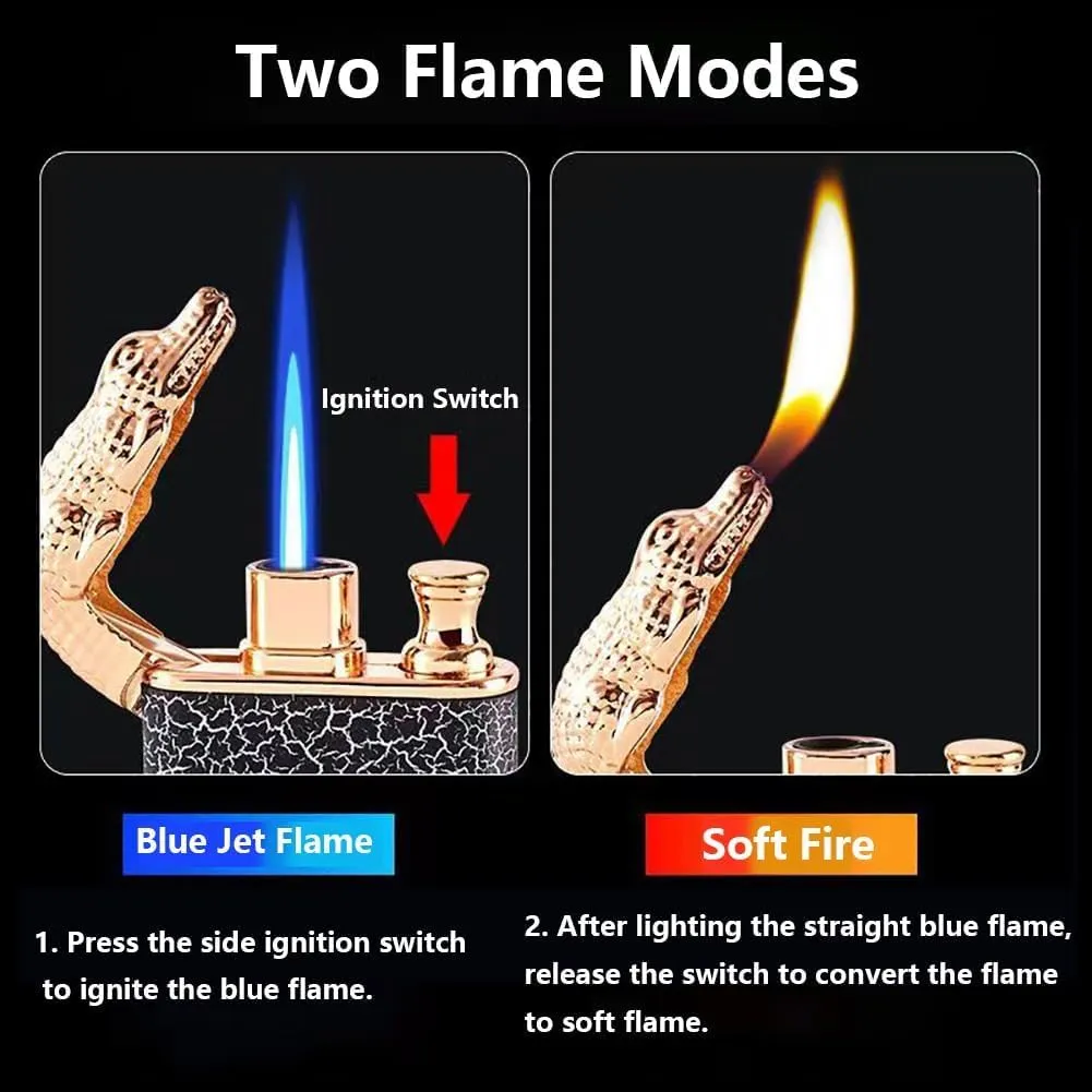 Butane Torch Lighter with Watch - Double Flame Windproof Lighter, Adjustable Refillable Dial Lighter for Outdoor & Indoor, for Men (Butane No Gas Included)(Crocodile Dial, Gold)