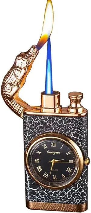 Butane Torch Lighter with Watch - Double Flame Windproof Lighter, Adjustable Refillable Dial Lighter for Outdoor & Indoor, for Men (Butane No Gas Included)(Crocodile Dial, Gold)
