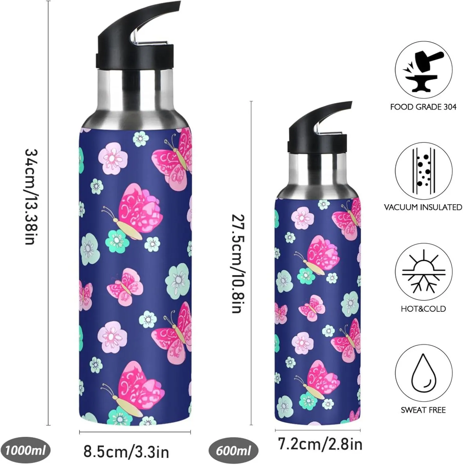 Butterflies & Flowers Sports Water Bottle with Straw, 22oz BPA Free Stainless Steel Vacuum Insulated Bottle for Gym Fitness Outdoor