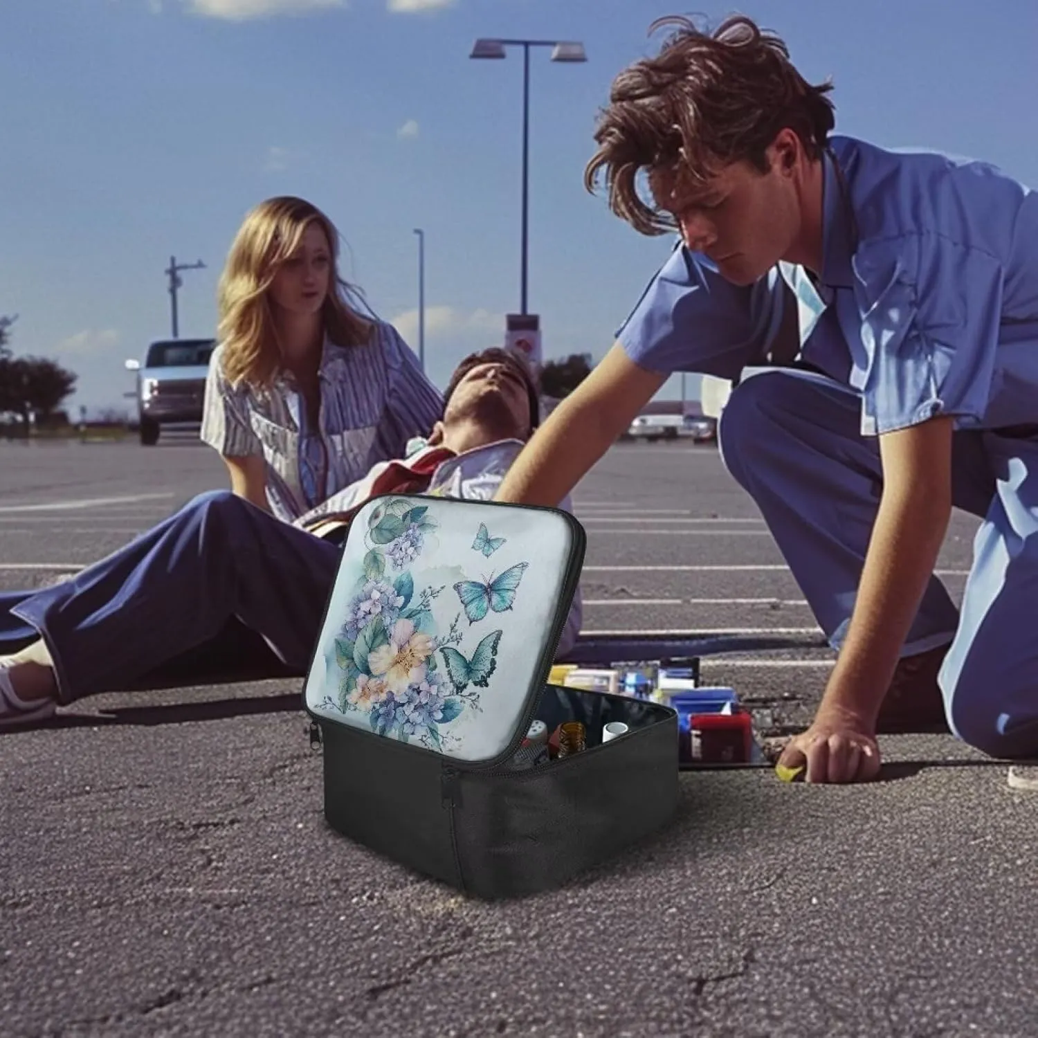 Butterfly First Aid Bag Empty Floral Kids Medicine Travel Kit Medical Pouch Portable Emergency Bag for School Dorm Car Medical Bag Empty Medium Light Blue