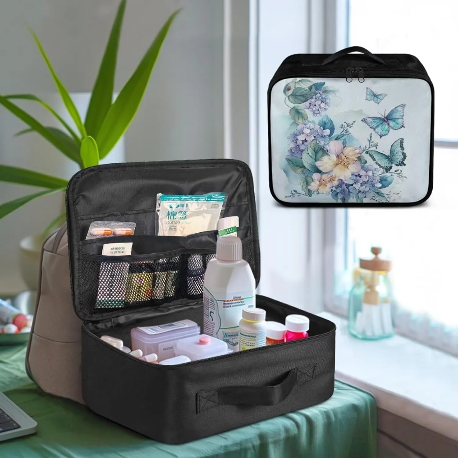 Butterfly First Aid Bag Empty Floral Kids Medicine Travel Kit Medical Pouch Portable Emergency Bag for School Dorm Car Medical Bag Empty Medium Light Blue