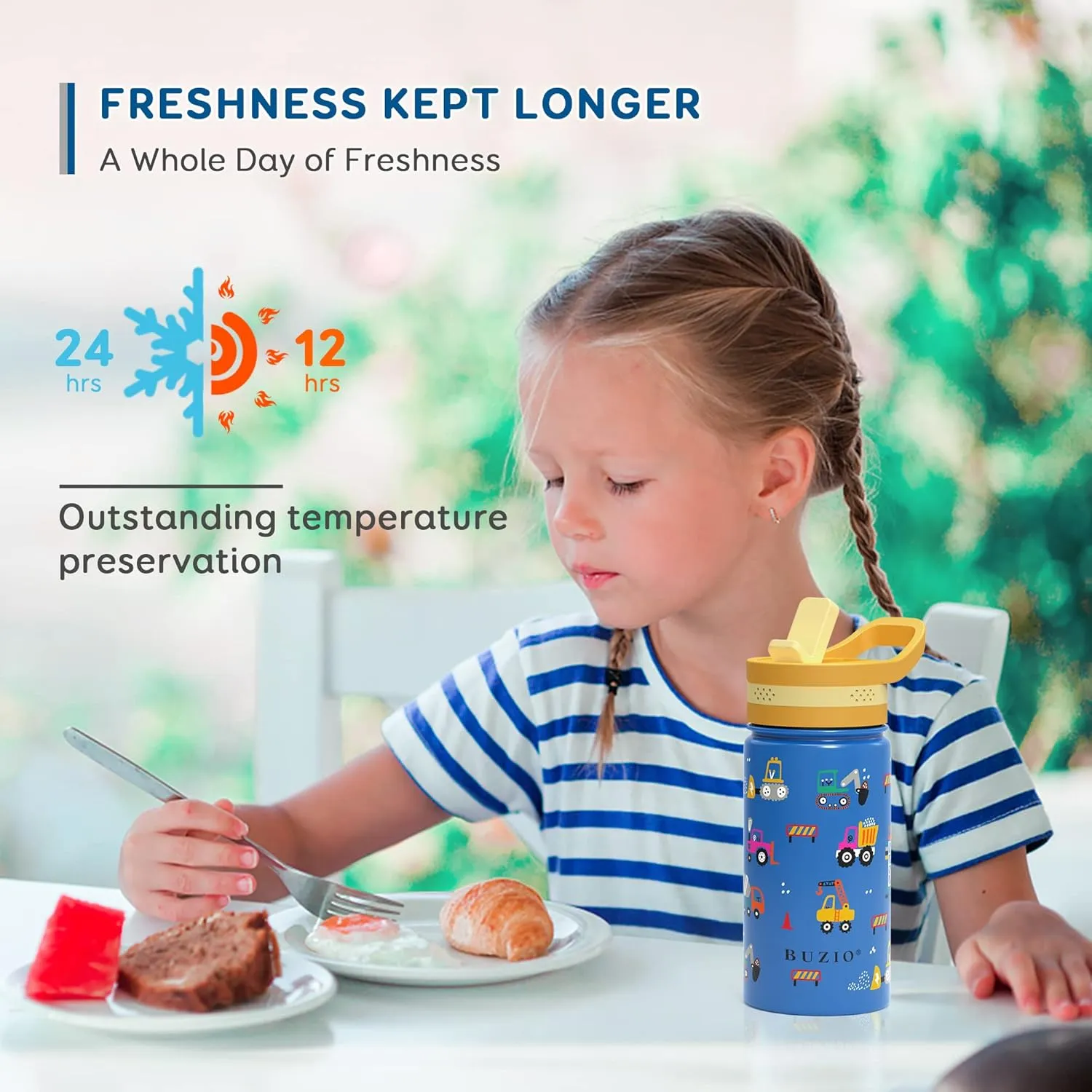 BUZIO 14 oz Kids Water Bottle with Straw Lid, Vacuum Insulated Stainless Steel Metal Thermo Bottles for Toddlers Girls Boys Leak Proof BPA-Free & Lead-Free Flask for School, Blue Construction Car