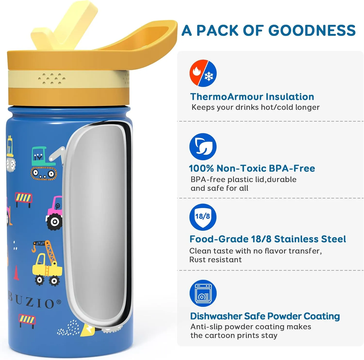 BUZIO 14 oz Kids Water Bottle with Straw Lid, Vacuum Insulated Stainless Steel Metal Thermo Bottles for Toddlers Girls Boys Leak Proof BPA-Free & Lead-Free Flask for School, Blue Construction Car