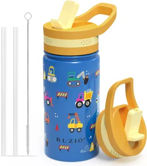 BUZIO 14 oz Kids Water Bottle with Straw Lid, Vacuum Insulated Stainless Steel Metal Thermo Bottles for Toddlers Girls Boys Leak Proof BPA-Free & Lead-Free Flask for School, Blue Construction Car