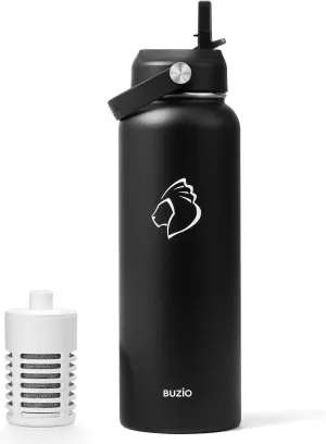 BUZIO 40oz Insulated Water Bottle with 2 lids and Single Filter Replacement