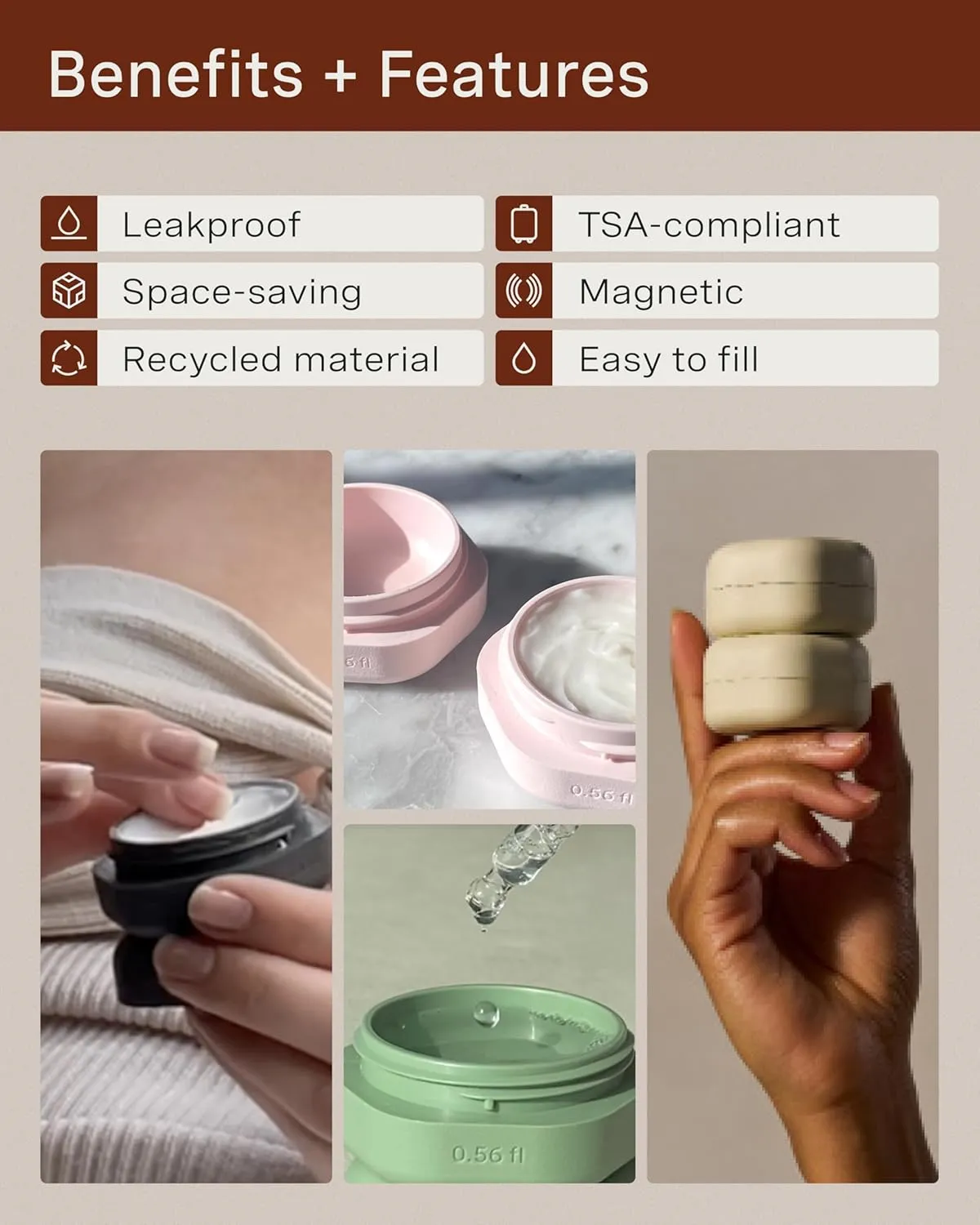 Cadence Travel Containers - Basic Skincare Set - Magnetic Travel Capsules - For Facial Cleanser, Moisturizer, Sunscreen - 3 Small Capsules (0.56oz) with Cleanser, Moisturizer & Sun-Icon Labels - Petal