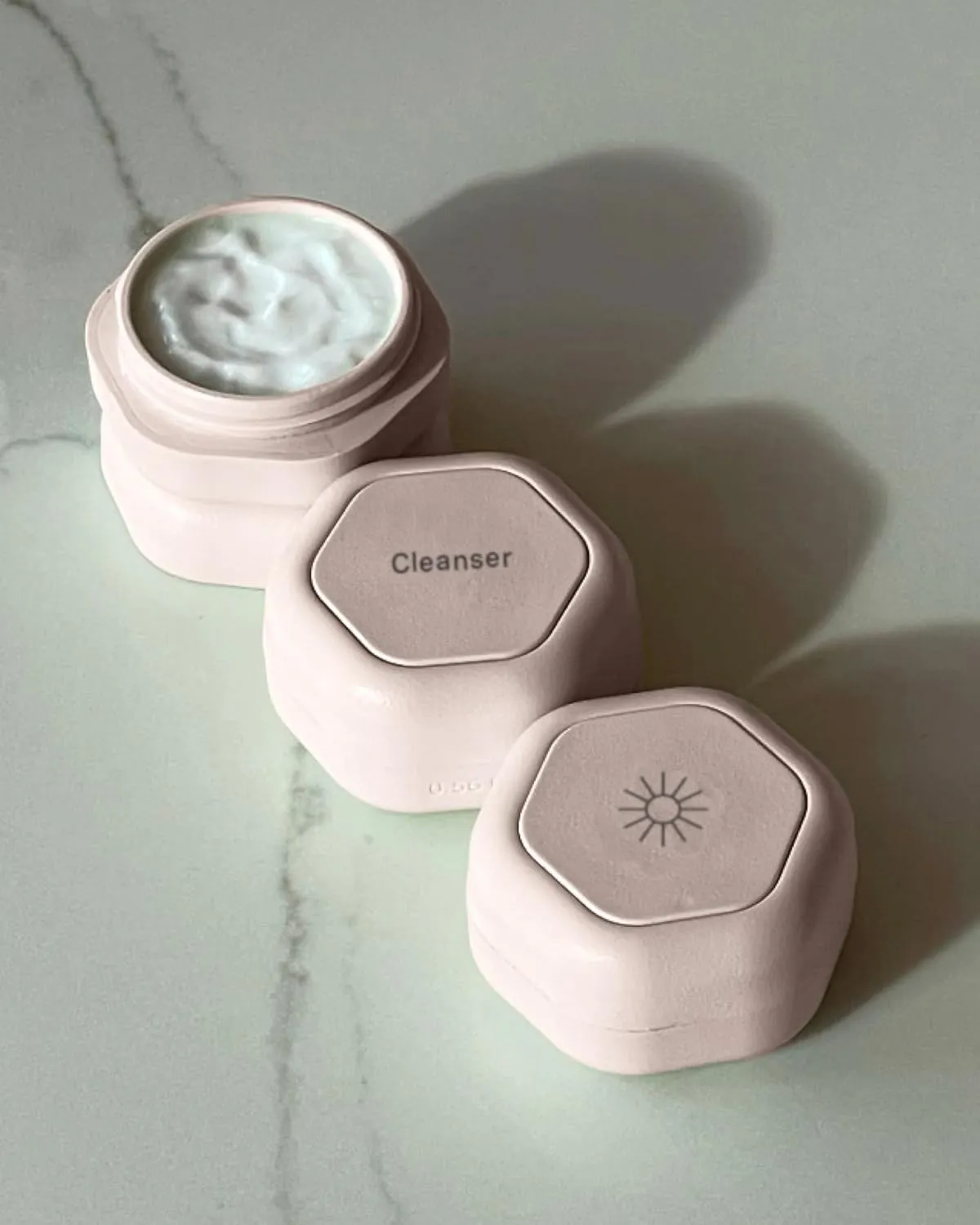 Cadence Travel Containers - Basic Skincare Set - Magnetic Travel Capsules - For Facial Cleanser, Moisturizer, Sunscreen - 3 Small Capsules (0.56oz) with Cleanser, Moisturizer & Sun-Icon Labels - Petal