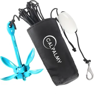 CALPALMY Folding Anchor with Rope Kit, 3.5lbs Versatile Grapnel Anchor for Inflatables Kayaks SUP Small Boats Skiffs and Canoes Trips, 32ft Marine Rope with Marker Buoy